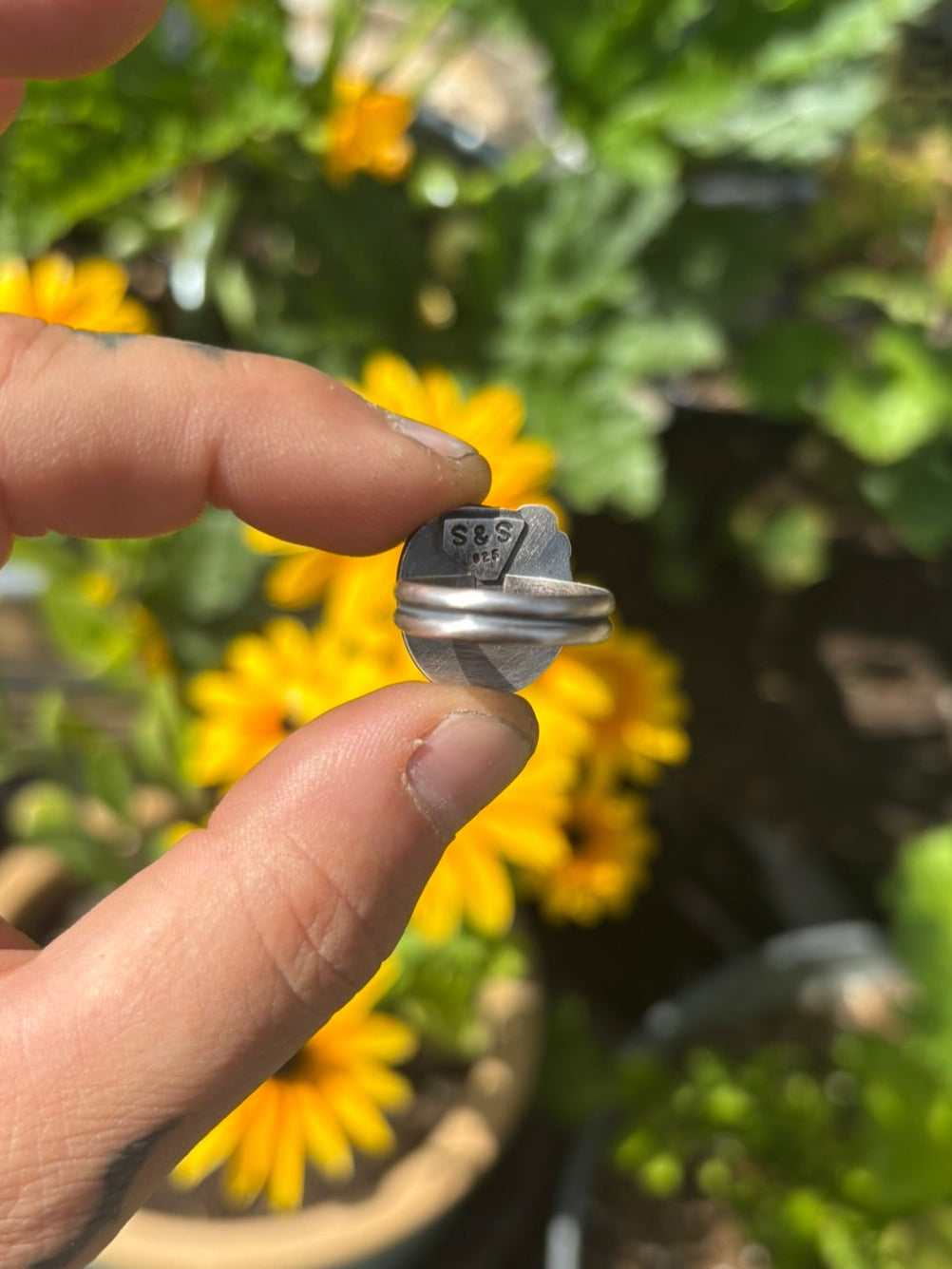 Hand holding a small metallic object with plants in the background