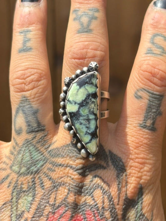 close up of handmade variscite and silver ring
