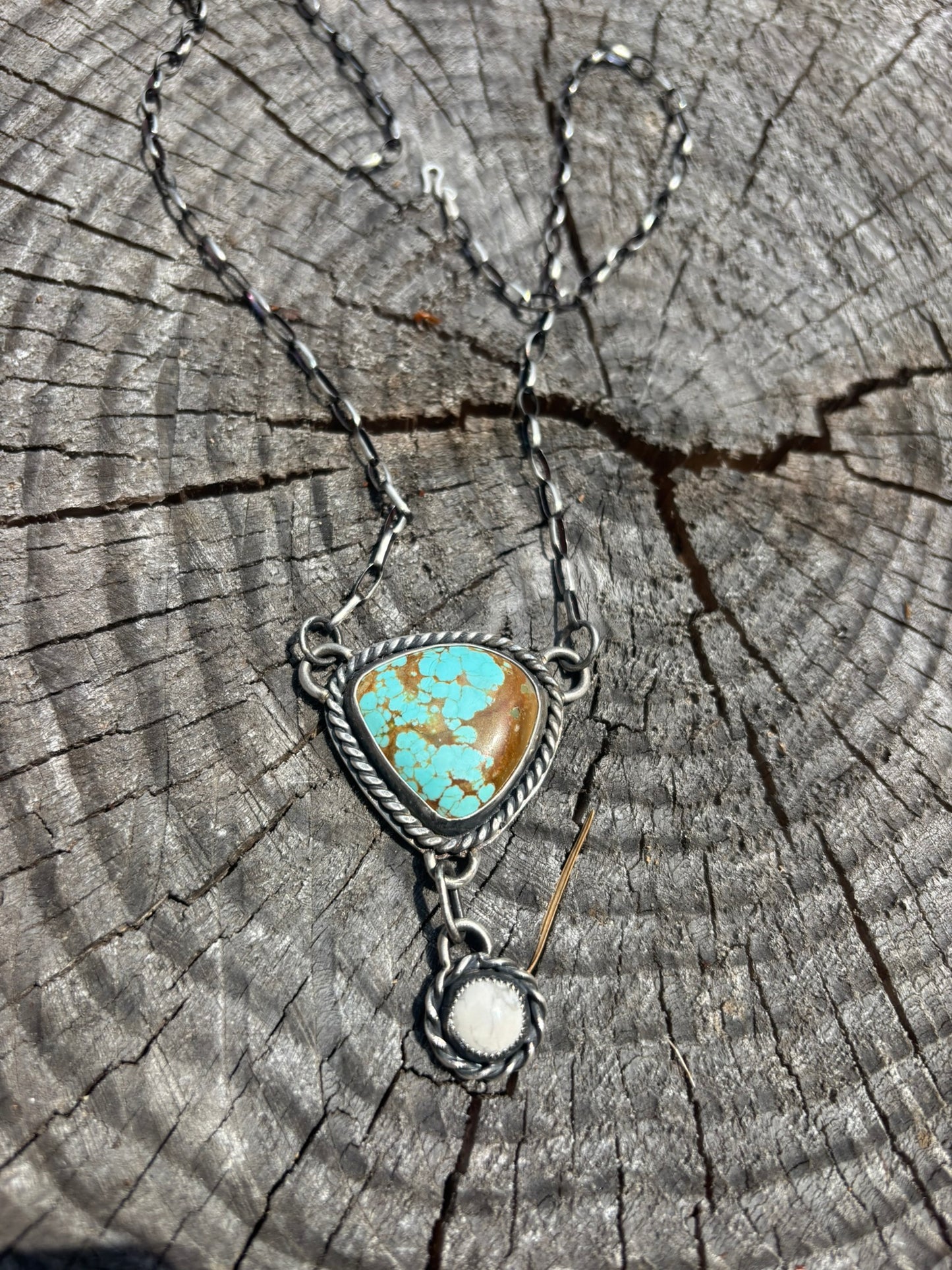 handmade turquoise and magnesite necklace with oval rolo chain and twist wire details