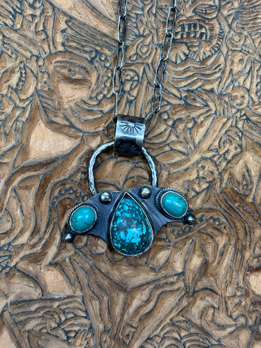 handmade silver and turquoise pendant with 3 stones and a large handstamped bail.