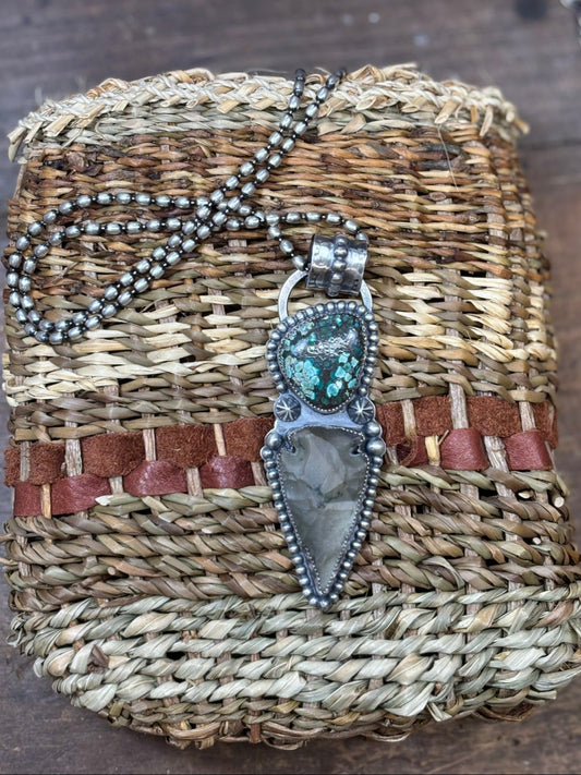 handmade turquoise, arrowhead, and silver pendant. large hand stamped bail and silver shots. large pendant, native inspired