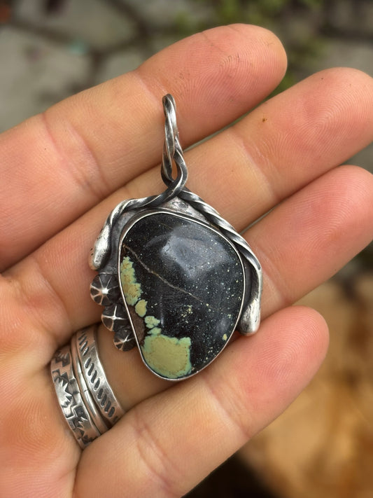 handmade pendant featuring variscite stone, silver twist wire baili and 3 star shaped shots