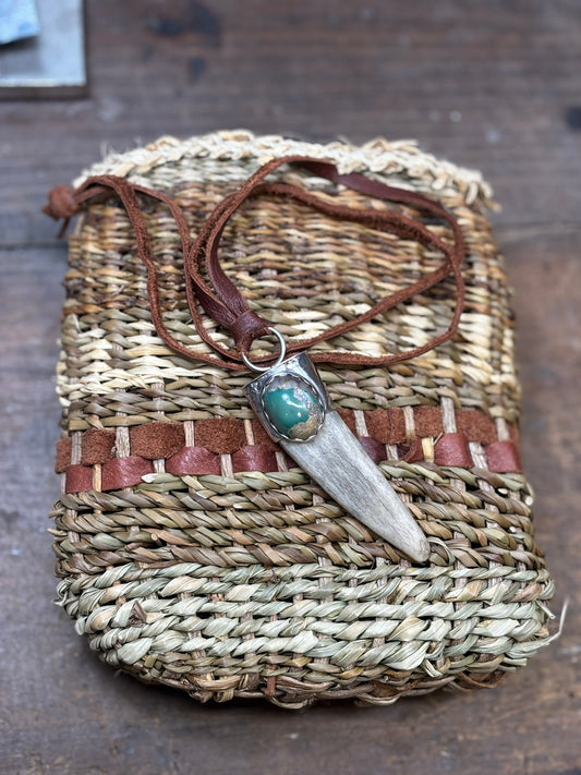 handmade antler tip pendant with hand stamped silver cap with turquoise stone in scalloped fine silver bezel