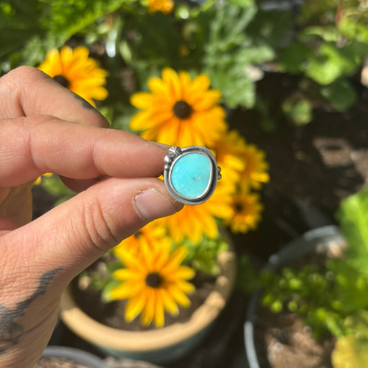Hand holding a turquoise ring in front of yellow flowers and plants