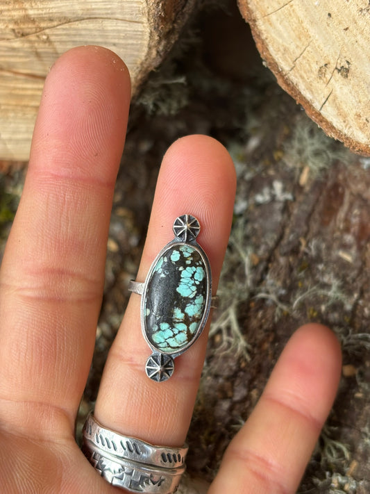 turquoise ring with silver shots and hammered band, handmade and worn on ring finger to show stone and decorations
