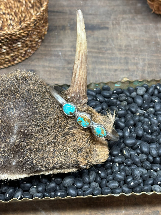 3 turquoise stones on hammered triangle wire band, handmade and stamped/signed on inner band, hanging on a taxidermy deer skill with baby antler