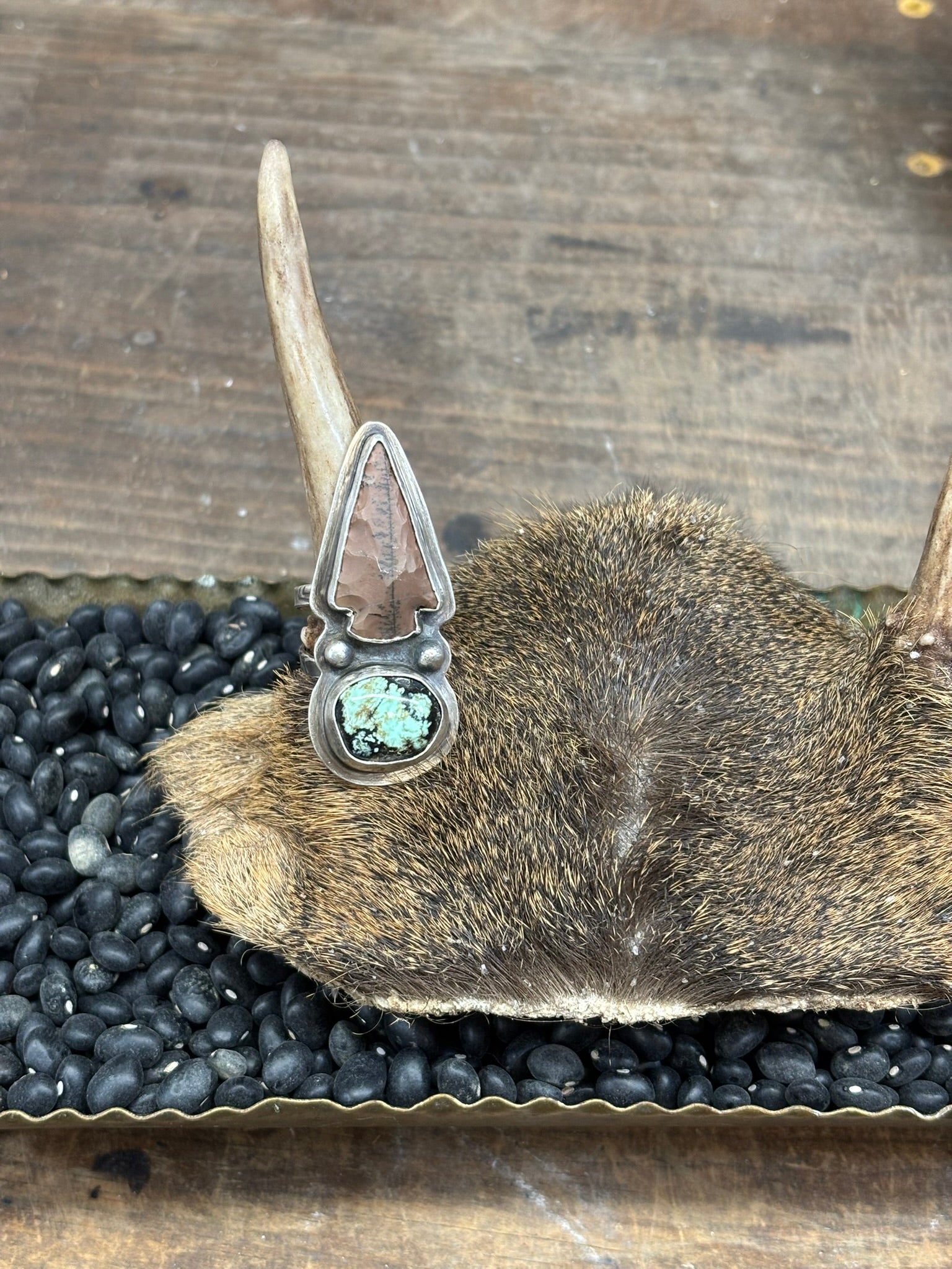 handmade variscite & arrowhead ring on deer rack antler baby small deer. handmade in the NW, ethically sourced deer skull. handcrafted and one of a kind OOAK